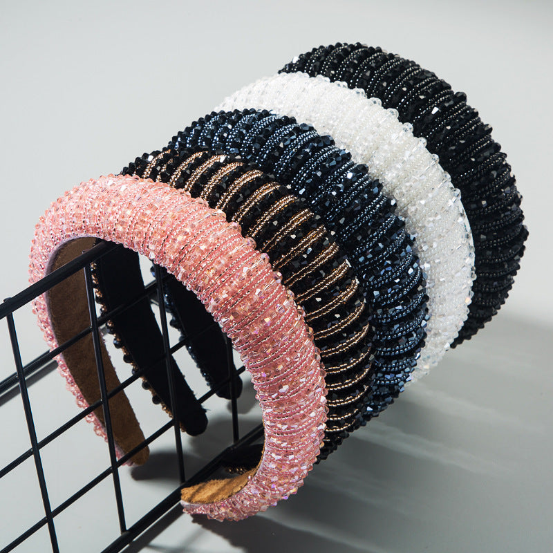 European and American big-name high-end sponge headband simple wide-sided fashion handmade beaded net red temperament headband Korean hair accessories