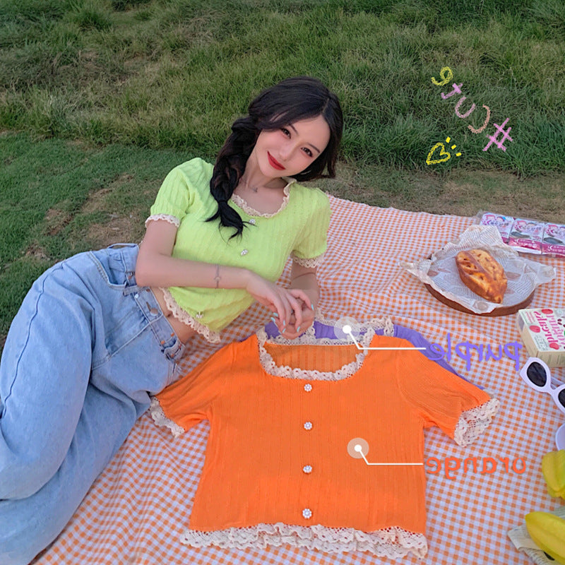 1629#Wholesale net celebrity sweet western style slimming slimming lace short-sleeved sweater women's top