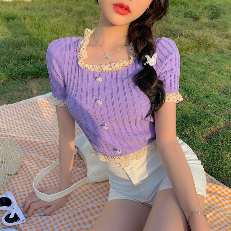 1629#Wholesale net celebrity sweet western style slimming slimming lace short-sleeved sweater women's top