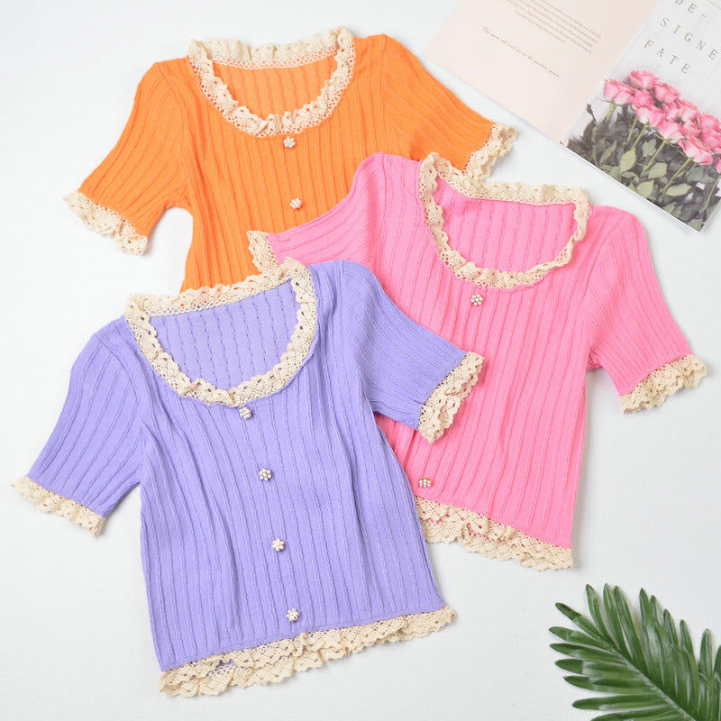 1629#Wholesale net celebrity sweet western style slimming slimming lace short-sleeved sweater women's top