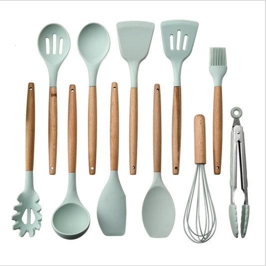 Hot-selling silicone kitchenware 11-piece non-stick cookware with tube set high-grade wooden handle kitchen baking tools multi-color