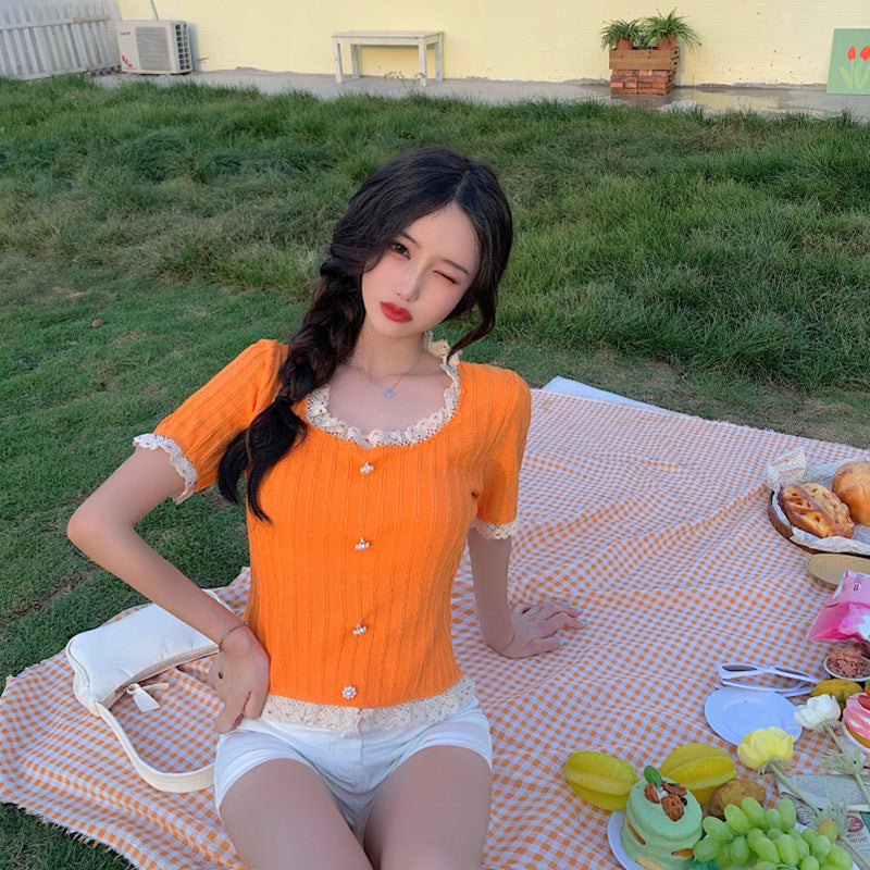 1629#Wholesale net celebrity sweet western style slimming slimming lace short-sleeved sweater women's top