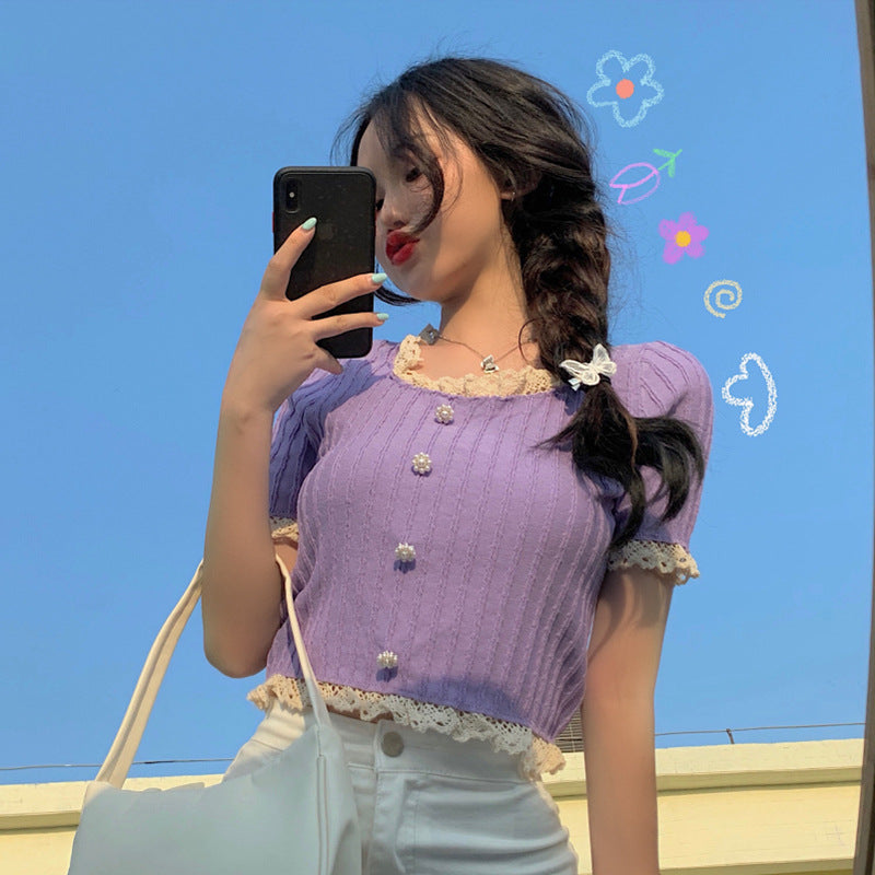 1629#Wholesale net celebrity sweet western style slimming slimming lace short-sleeved sweater women's top