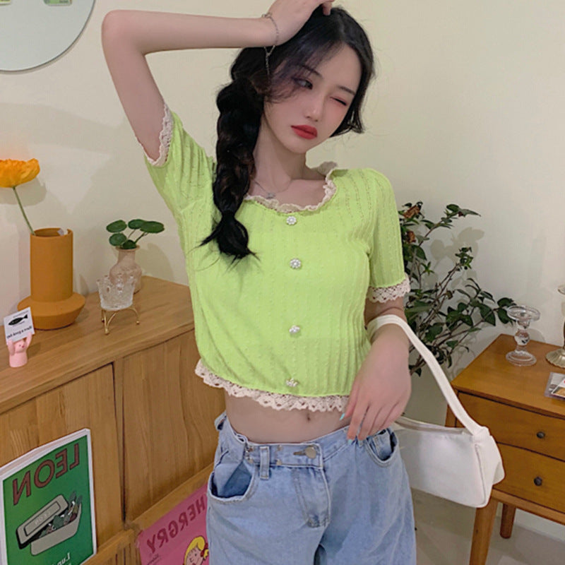 1629#Wholesale net celebrity sweet western style slimming slimming lace short-sleeved sweater women's top