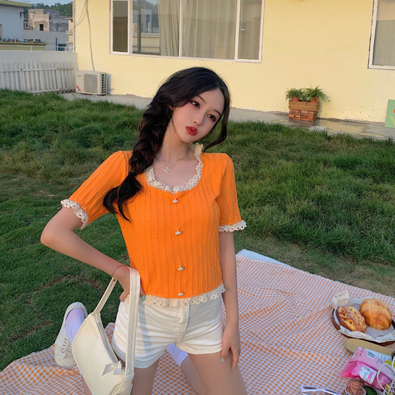 1629#Wholesale net celebrity sweet western style slimming slimming lace short-sleeved sweater women's top