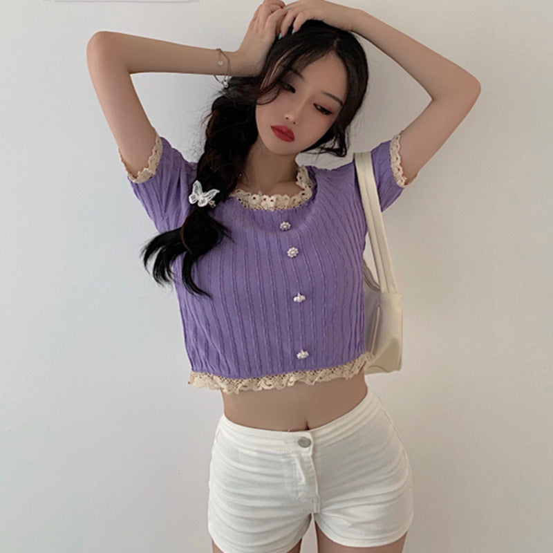 1629#Wholesale net celebrity sweet western style slimming slimming lace short-sleeved sweater women's top