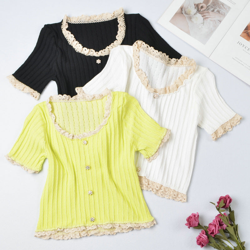 1629#Wholesale net celebrity sweet western style slimming slimming lace short-sleeved sweater women's top
