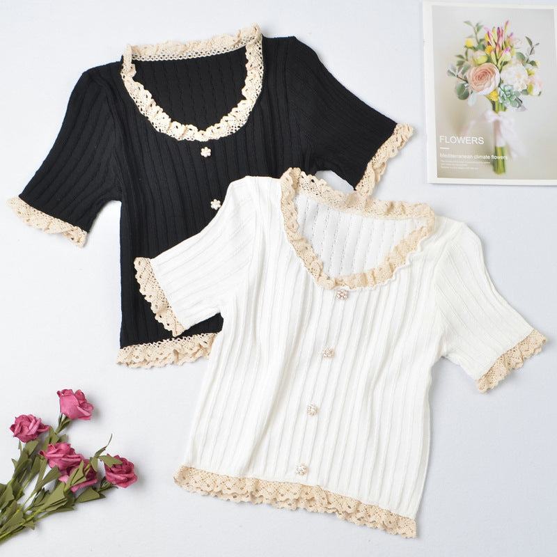 1629#Wholesale net celebrity sweet western style slimming slimming lace short-sleeved sweater women's top