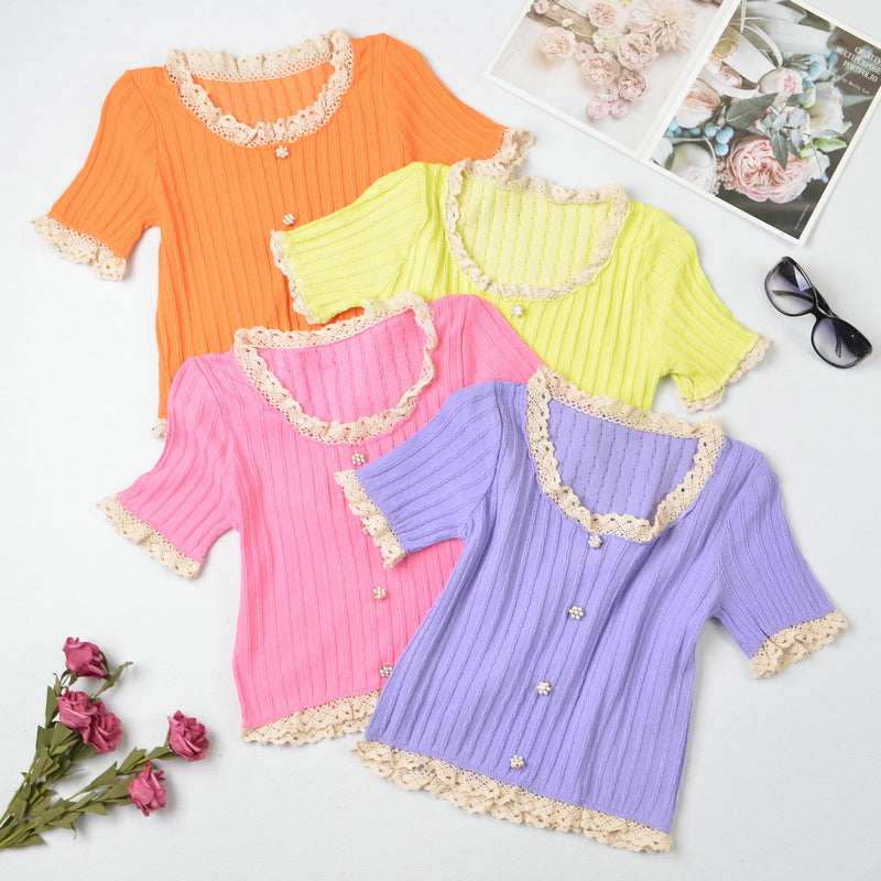 1629#Wholesale net celebrity sweet western style slimming slimming lace short-sleeved sweater women's top