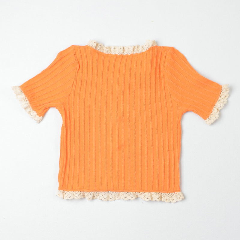 1629#Wholesale net celebrity sweet western style slimming slimming lace short-sleeved sweater women's top