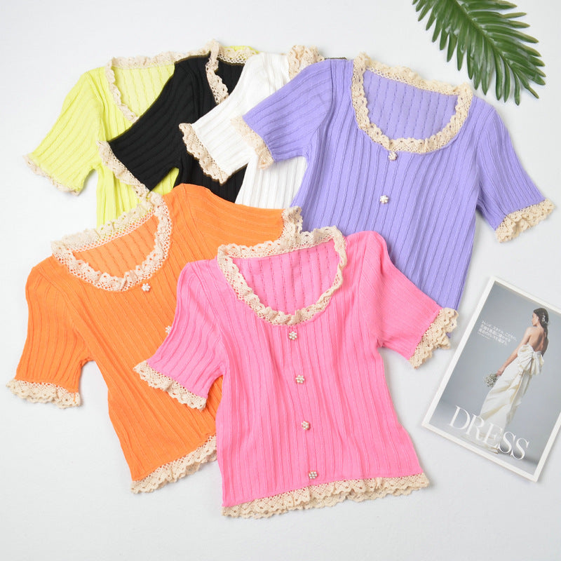 1629#Wholesale net celebrity sweet western style slimming slimming lace short-sleeved sweater women's top