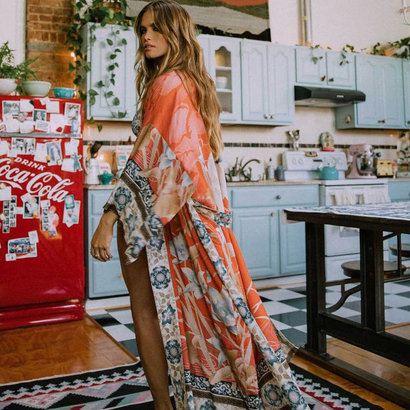 European and American orange red bottom crane flower red flower kimono sunscreen cardigan chiffon blouse swimsuit outer holiday skirt girl