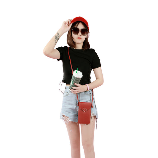 Buckle small bag women's heart-shaped decoration transparent touch screen simple retro mobile phone bag(20x10x0.5cm)