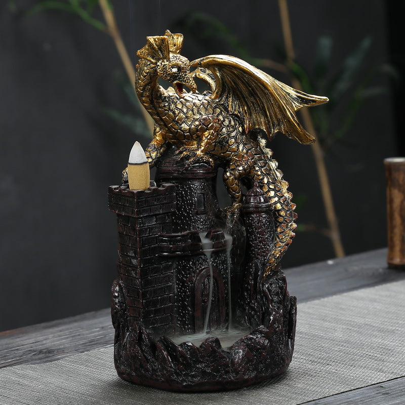 Kuqi resin creative home interior decoration dragon big dinosaur castle mouth spitting incense incense backflow incense burner