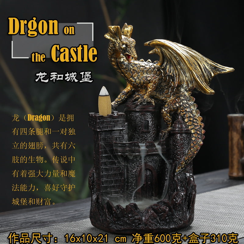Kuqi resin creative home interior decoration dragon big dinosaur castle mouth spitting incense incense backflow incense burner