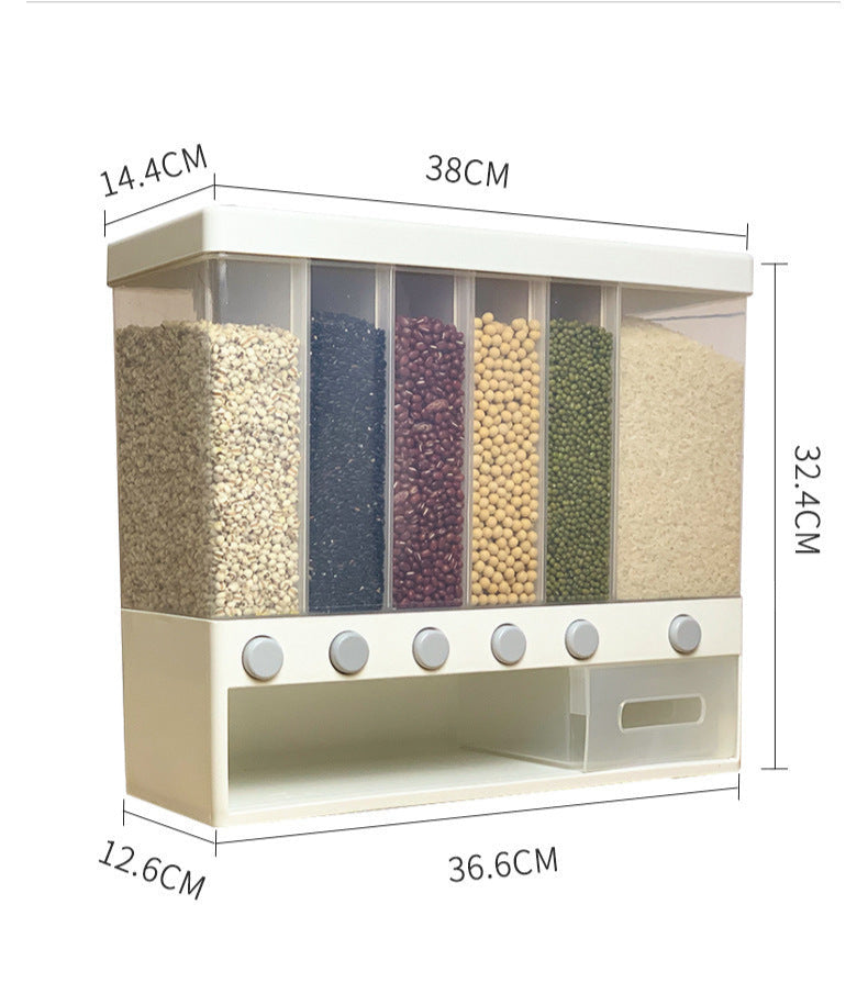 Wall-mounted divided grains tank, rice bucket, classification and metering, rice cylinder, automatic rice output, plastic storage tank, sealed tank