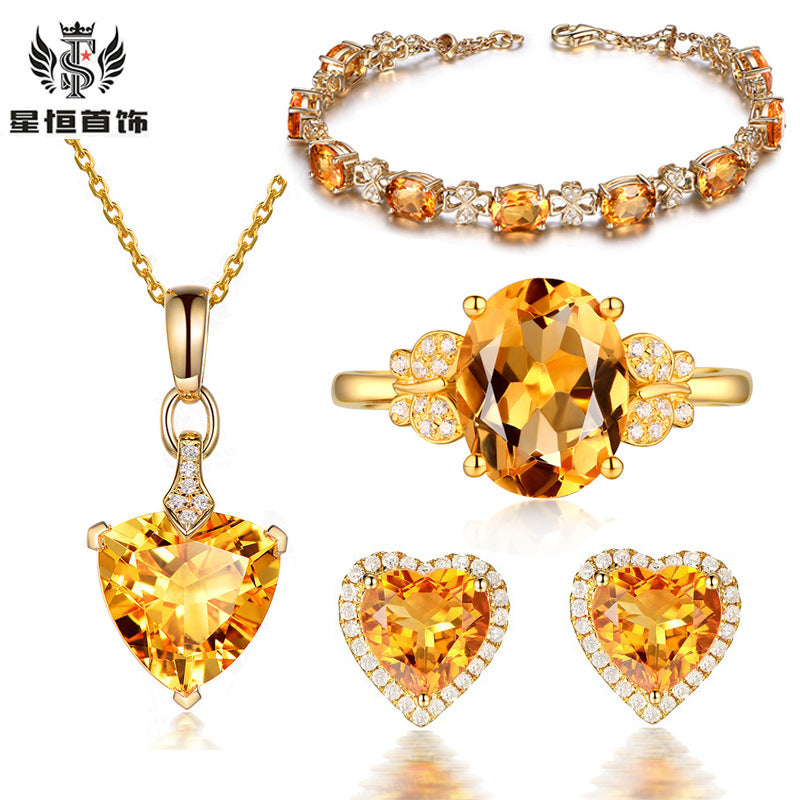 Small fresh citrine bracelet 18k golden diamond ring topaz heart-shaped earrings simple love necklace set