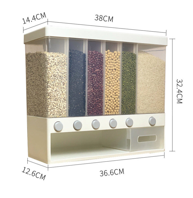 Wall-mounted divided grains tank, rice bucket, classification and metering, rice cylinder, automatic rice output, plastic storage tank, sealed tank