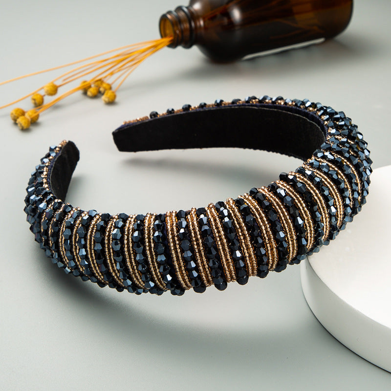 European and American big-name high-end sponge headband simple wide-sided fashion handmade beaded net red temperament headband Korean hair accessories