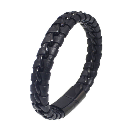 Titanium steel woven leather bracelet Stainless steel magnet buckle leather bracelet Fashion punk men's jewelry Bracelet