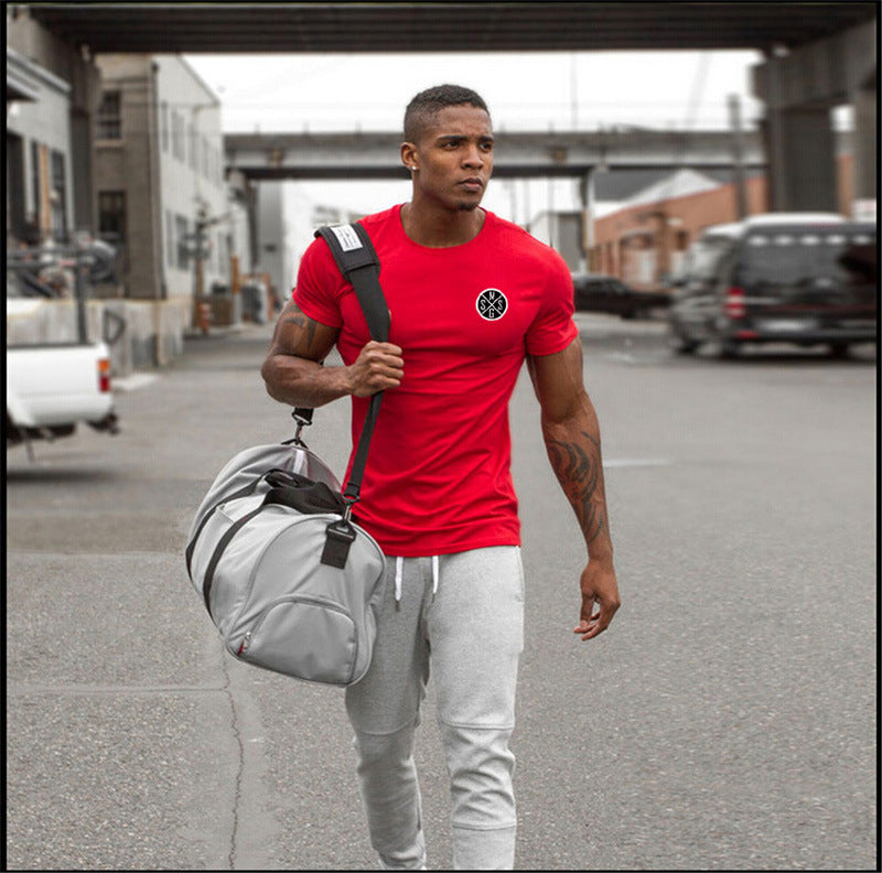 Summer new men's sports bodybuilding fitness cotton round neck letter printing Slim casual T-shirt