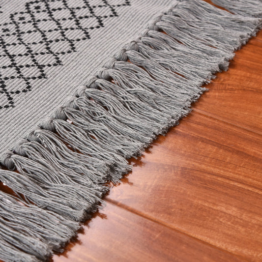 Amazon Hot Sale Cotton Thread Woven Black Printed Tassel Carpet Floor Mat Living Room Door Mat Bedside Foot Mat