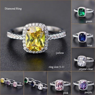 wish hot sale multi-color treasure ring European and American foreign trade classic square diamond engagement ring 925 silver plated hand jewelry