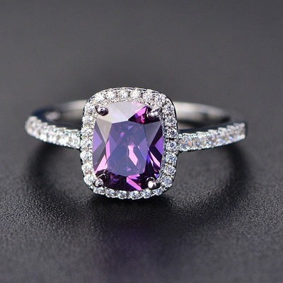 wish hot sale multi-color treasure ring European and American foreign trade classic square diamond engagement ring 925 silver plated hand jewelry