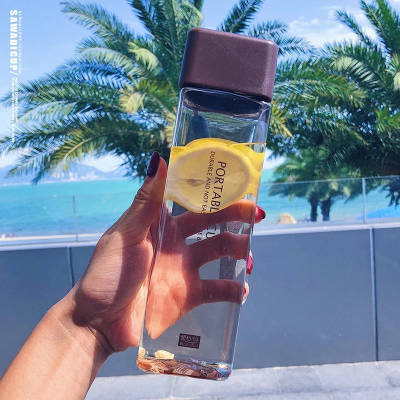 Square simple water cup portable drop resistant cup plastic personality cup transparent leak-proof with lid creative girl heart