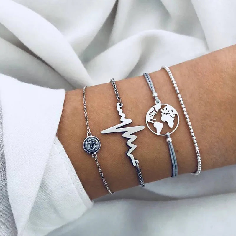 30 Styles Women Girls Mix Round alloy Crystal Charm Bracelets Fashion Boho Heart Map Pineapple Bracelets Sets Jewelry Gift