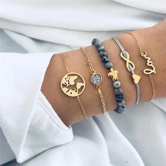 30 Styles Women Girls Mix Round alloy Crystal Charm Bracelets Fashion Boho Heart Map Pineapple Bracelets Sets Jewelry Gift